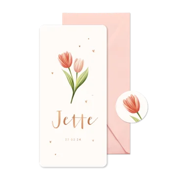 Geboortekaartje tulpen met hartjes koper